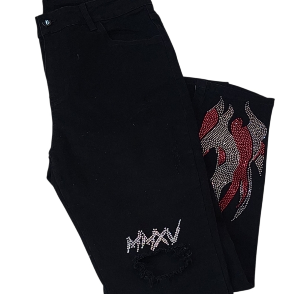 Black Relaxed Jeans with Red Flame Design